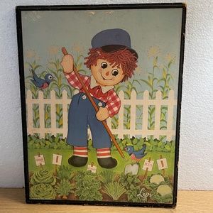 Vintage Raggedy Ann & Andy Wall Hanging In the Garden Picture 12 x 15" Andy Only
